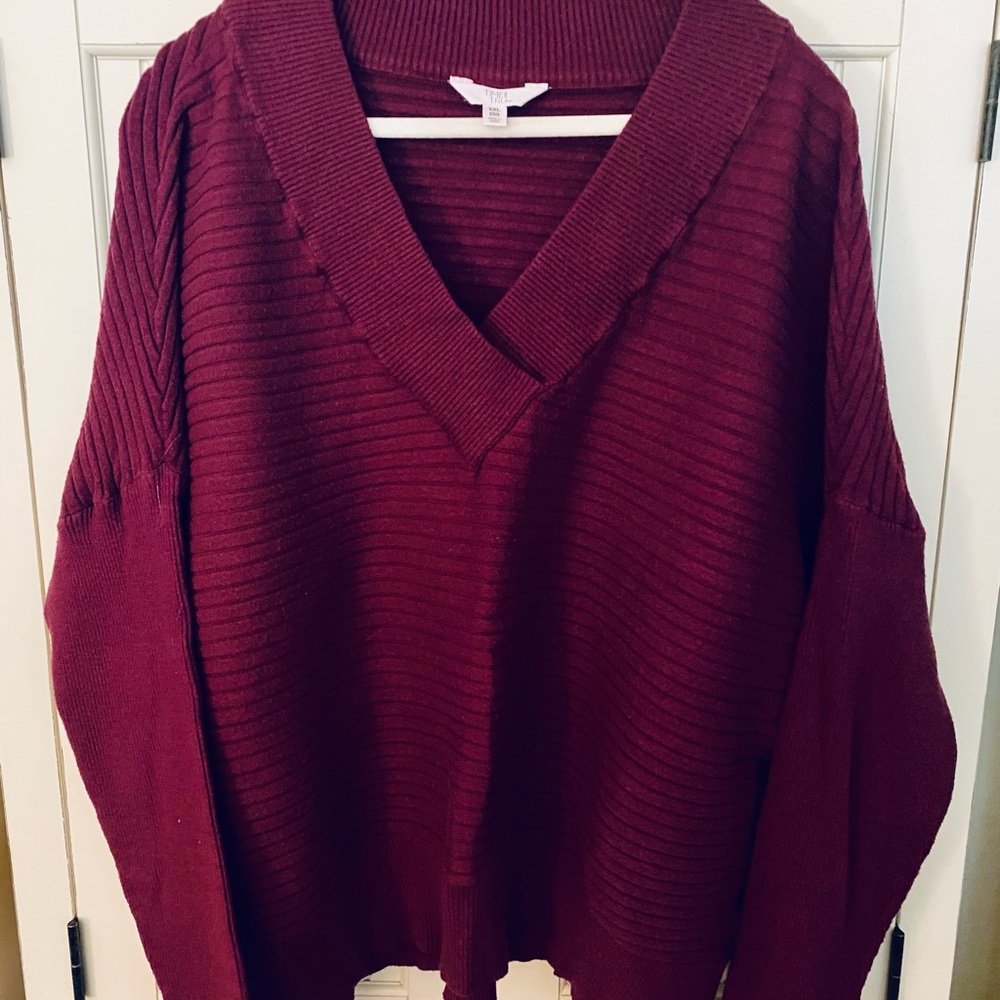 Time and Tru Burgundy V-Neck Sweater with Ribbed Knit